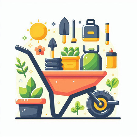 Gardening flat vector illustration. Wheelbarrow with garden tools, watering can, shovel, rake, watering can, wheelbarrow. Gardening concept.のイラスト素材