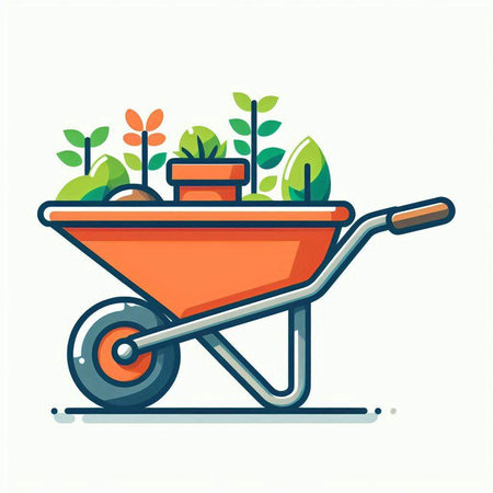 Garden wheelbarrow with plants. Vector illustration in flat styleのイラスト素材