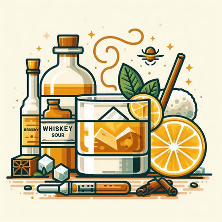 Alcoholic cocktail drink with rum, rum, brandy, brandy, ice cubes, orange slices, cinnamon sticks, ice cubes, rum, rum. Vector illustration.のイラスト素材