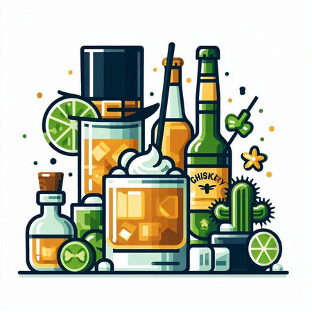 Set of alcoholic beverages in flat style. Vector illustration on white background.のイラスト素材