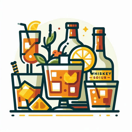 Cocktail flat color line icon. Alcoholic beverage. Vector illustrationのイラスト素材