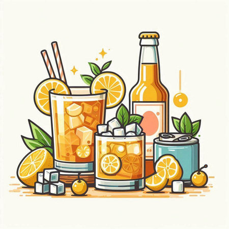 Cocktails set with ice, lemon, orange, lime and beer. Vector illustrationのイラスト素材