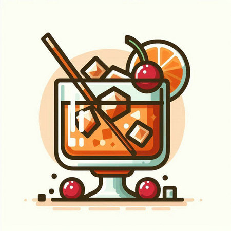 Alcoholic cocktail with ice cubes and cherry. Vector illustration.のイラスト素材