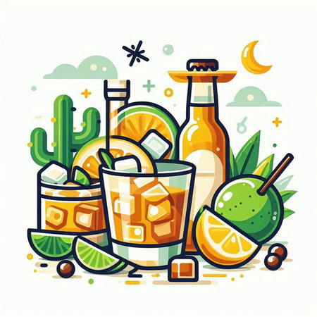 Cocktail with ice, lemon, lime and cactus. Vector illustrationのイラスト素材