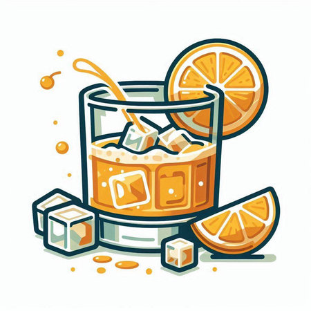 Cocktail with ice cubes and orange slice. Vector illustration.のイラスト素材