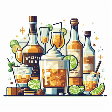 Alcoholic drinks set. Vector illustration in flat cartoon style.のイラスト素材