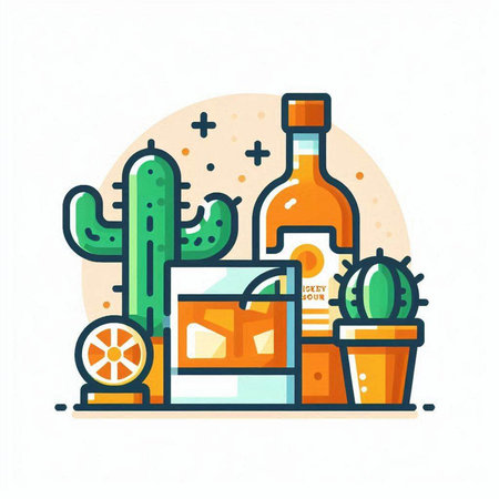 Cacti and tequila bottle icon in flat style. Vector illustration.のイラスト素材