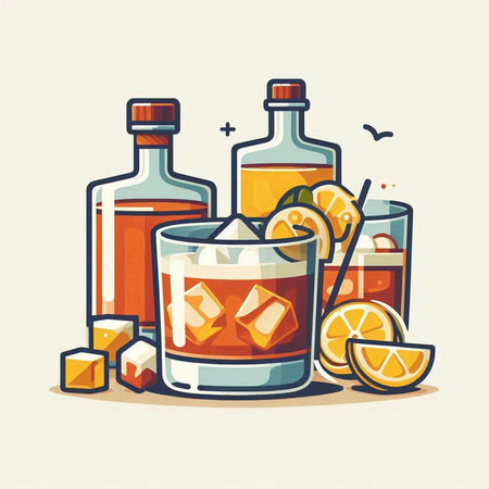 Cocktail with rum, ice, lemon, orange and ice cubes. Vector illustrationのイラスト素材