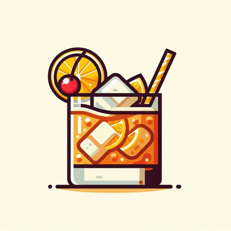 Cocktail with ice cubes, lemon and straw. Vector illustration.のイラスト素材