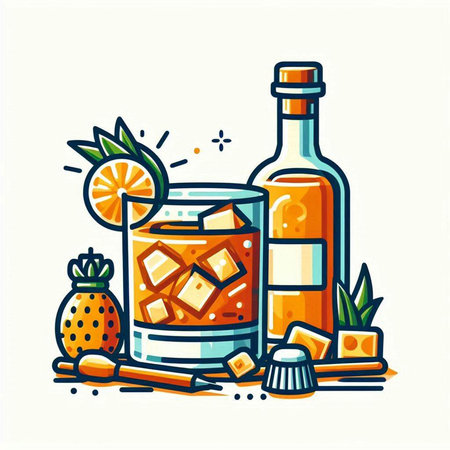 Alcoholic cocktail drink with ice cubes, rum, rum, lime, pineapple and ice cubes. Vector illustration in doodle styleのイラスト素材