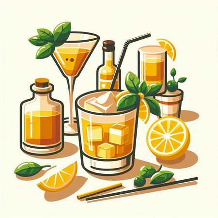 Illustration of a set of drinks and cocktails. Vector illustration.のイラスト素材