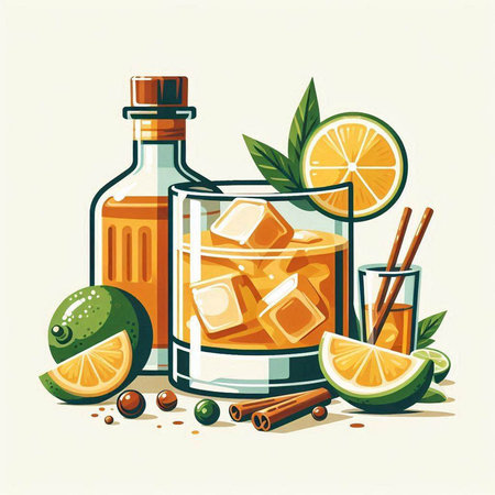 Cocktail with ice, lemon and cinnamon. Vector illustration.のイラスト素材