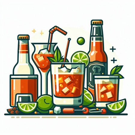 Colorful vector illustration of a set of alcoholic drinks and cocktails.のイラスト素材