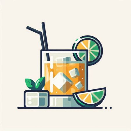 Cocktail vector illustration in flat style. Cocktail with ice cubes, straws and lime.のイラスト素材