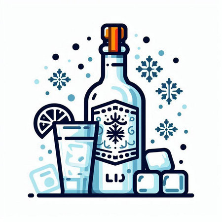Vector illustration of a bottle of vodka with ice cubes and a glass of cocktail.のイラスト素材