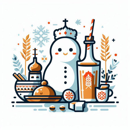 Christmas and New Year greeting card with cute snowman. Vector illustration.のイラスト素材