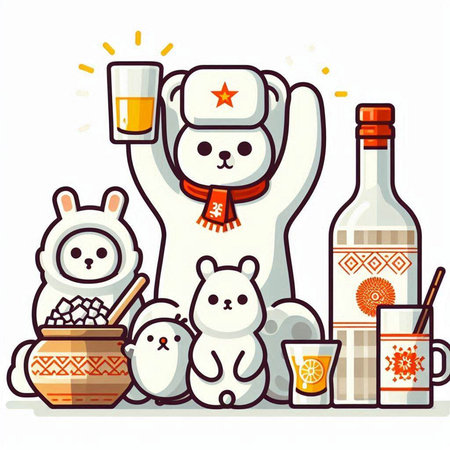 Vector illustration of a cute cartoon polar bear with a cup of tea.のイラスト素材