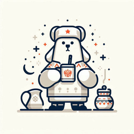 Cute dog in a kimono drinking tea. Vector illustration.のイラスト素材