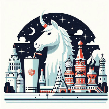 Magic cityscape with a unicorn on the background of the full moon. Vector illustration.のイラスト素材