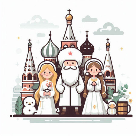 Christmas and New Year greeting card with Santa Claus, Snowman and angels, vector illustrationのイラスト素材