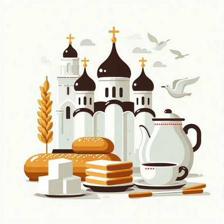 Vector illustration of orthodox church with bread, milk jug and bread rollsのイラスト素材