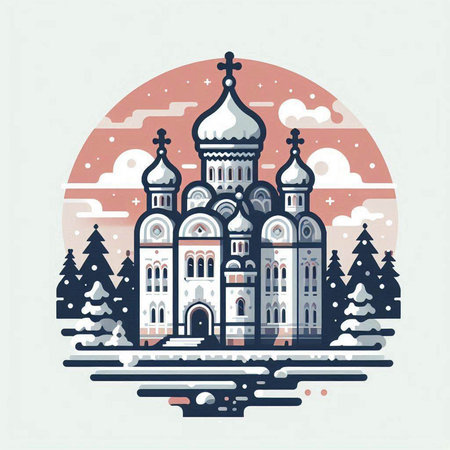 Church of the Intercession of the Blessed Virgin Mary in winter. Vector illustration.のイラスト素材