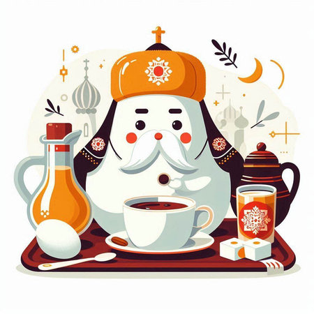Vector illustration of a funny fat Santa Claus with a cup of teaのイラスト素材