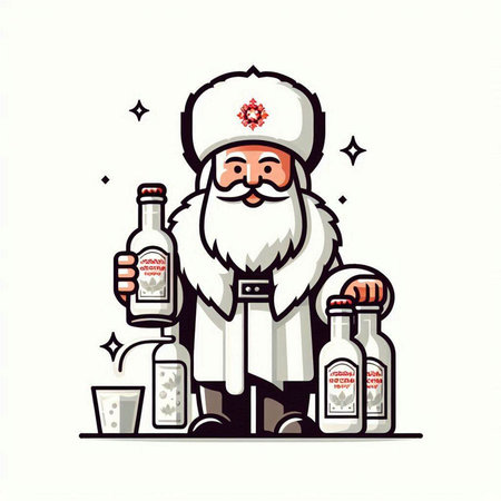 Russian santa claus with bottle of vodka. Vector illustration.のイラスト素材