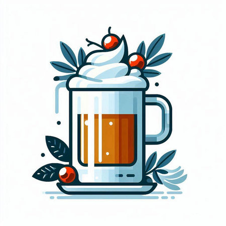 Coffee mug with whipped cream and cherry. Vector illustration.のイラスト素材