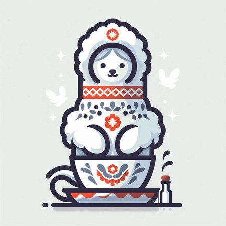 Russian porcelain cup with a cute dog. Vector illustration.のイラスト素材