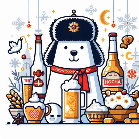 Vector illustration of Christmas and New Year greeting card. Cute cartoon dog with beer and cookies.のイラスト素材