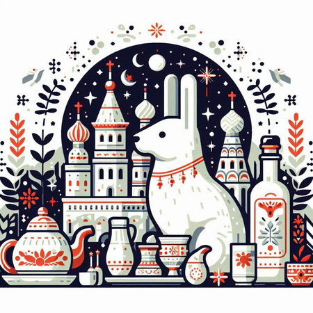 Vector illustration of a white rabbit on the background of the city.のイラスト素材