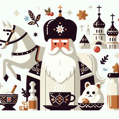 Christmas and New Year background with traditional symbols of the Russian Federation.のイラスト素材