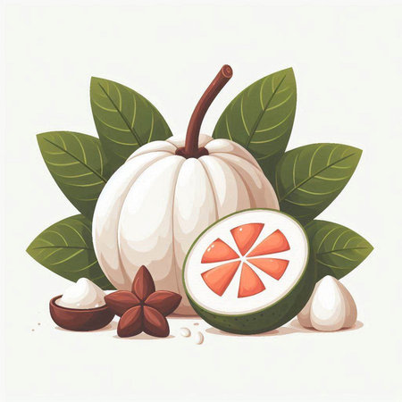 Whole and half of a pumpkin with leaves. Vector illustration.のイラスト素材
