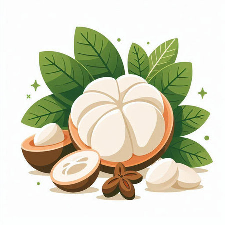 Illustration of fresh mangosteen with leaves on white background.のイラスト素材