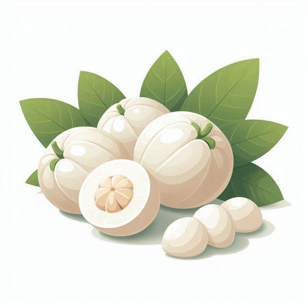 mangosteen with leaves on a white background. vector illustrationのイラスト素材