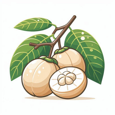 Ripe mangosteen fruit with leaves on white background. Vector illustration.のイラスト素材