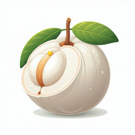 Illustration of a longan fruit with leaves on a white backgroundのイラスト素材