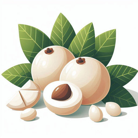 Illustration of fresh longan with leaves on a white background.のイラスト素材