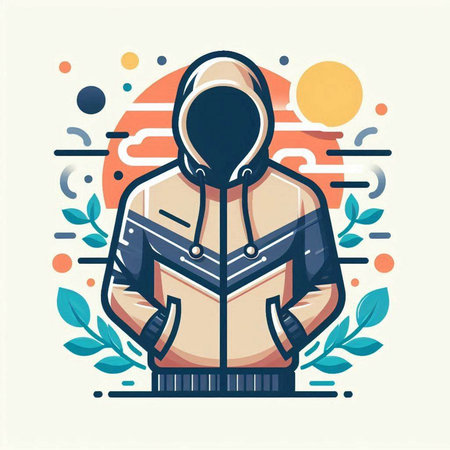 Vector illustration of a man in a hooded jacket on a background of nature.のイラスト素材