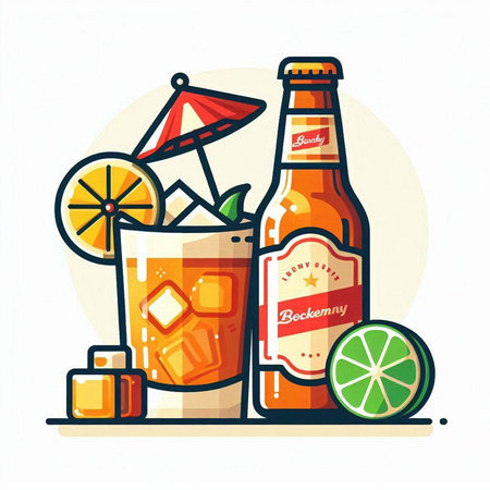 Bottle of beer with ice cubes, lemon and lime. Vector illustrationのイラスト素材