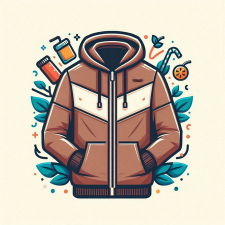 Vector illustration of a brown jacket with a hood and floral elements.のイラスト素材