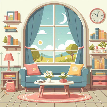 Living room interior with window, sofa, bookshelf, coffee table, pillow, lamp and clock. Vector illustrationのイラスト素材