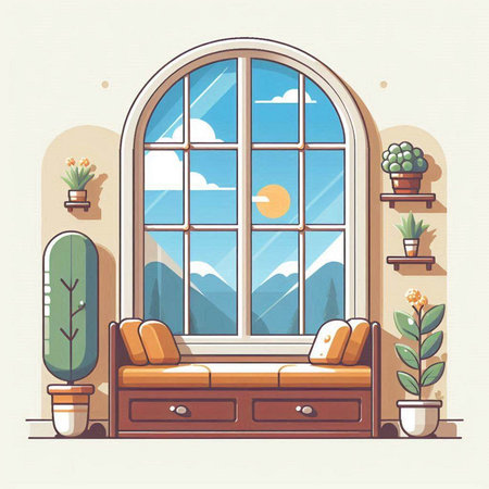 Vector illustration of a cozy room with a large window, a sofa, a cup of coffee and plants.のイラスト素材
