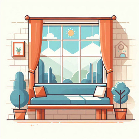 Vector illustration of cozy bedroom in flat style. Interior design with window, sofa, pillows, plants and mountains.のイラスト素材
