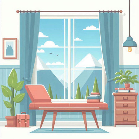 Illustration of a room with a view of the mountains through the windowのイラスト素材