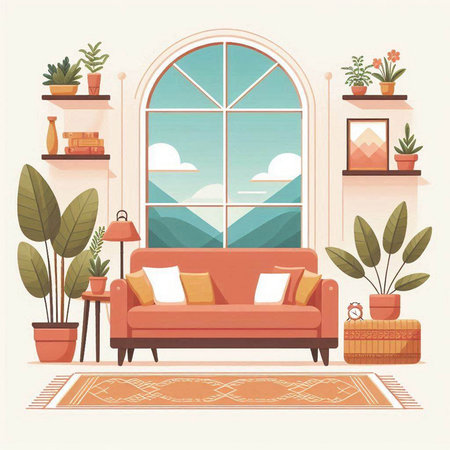 Living room interior with window, sofa, bookshelf, plants. Flat vector illustration.のイラスト素材