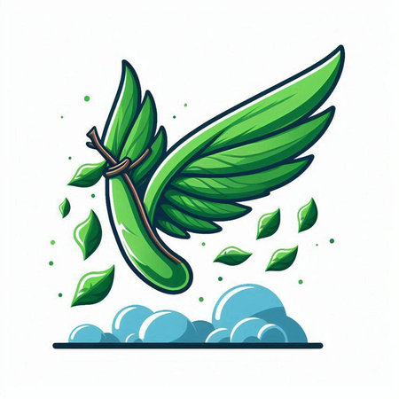 Vector illustration of green flying angel with green leaves isolated on white background.のイラスト素材
