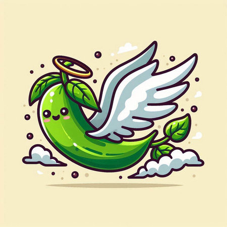 Illustration of a green pea with angel wings and clouds.のイラスト素材
