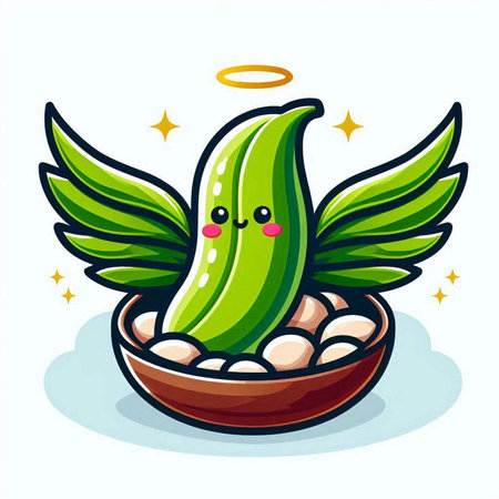 Cute kawaii green bean with wings in bowl. Vector illustration.のイラスト素材
